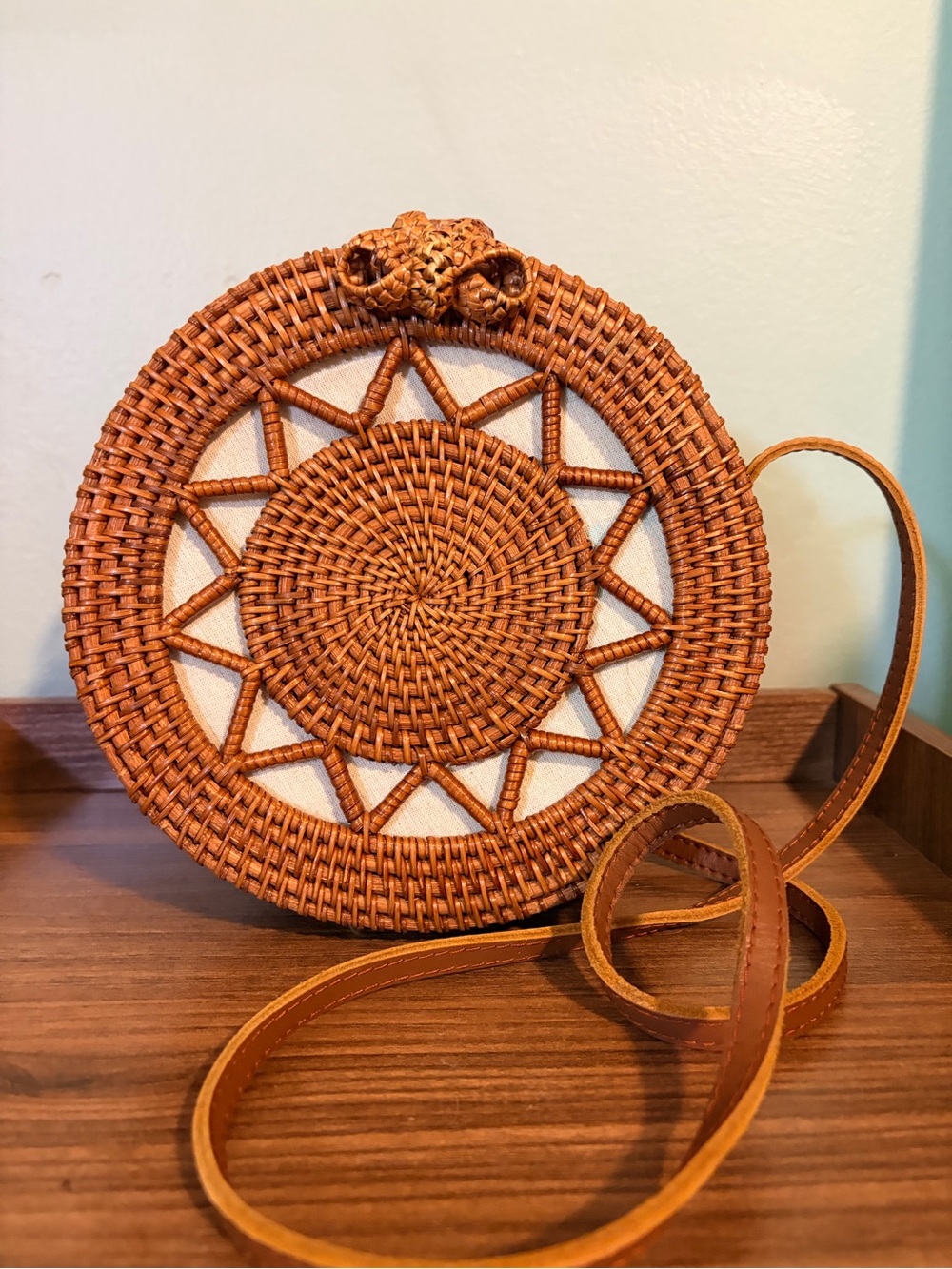Round Woven Rattan & linen lined Crossbody Bag in Brown